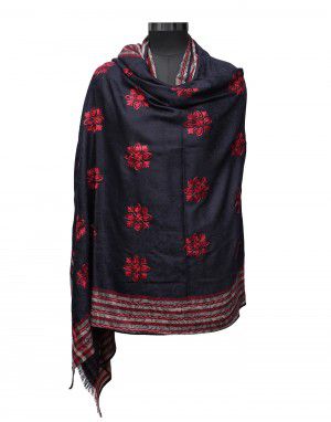 Women wool blend shawls embroidery stripes border  black